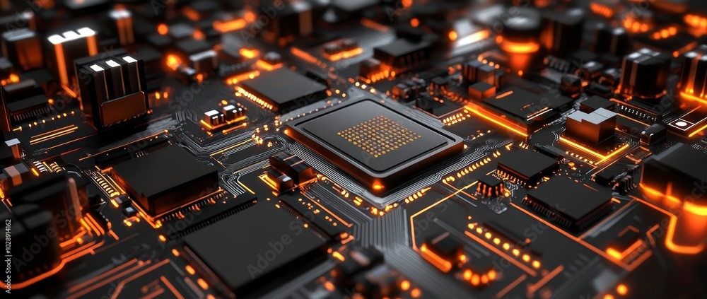 Poster isolated, top-down view of hypermodern ai computer processor chip. close-up macro shot, clear visual