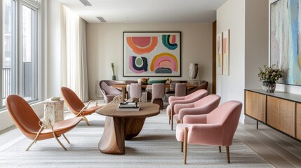Fototapeta premium Pastel-themed mid-century living room with soft pink chairs, wooden tables, and abstract wall art