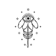 Flower with   mystical eye in doodle style on white background.
