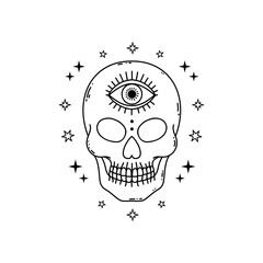 Skull with mystical eye in doodle style on white background