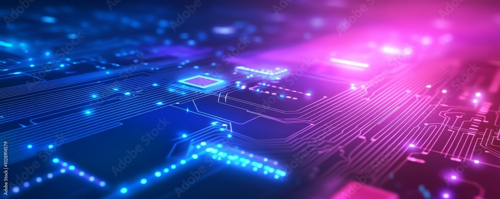 Poster an electronic circuit board with a blue banner. a central computer processor with a cpu concept. a m