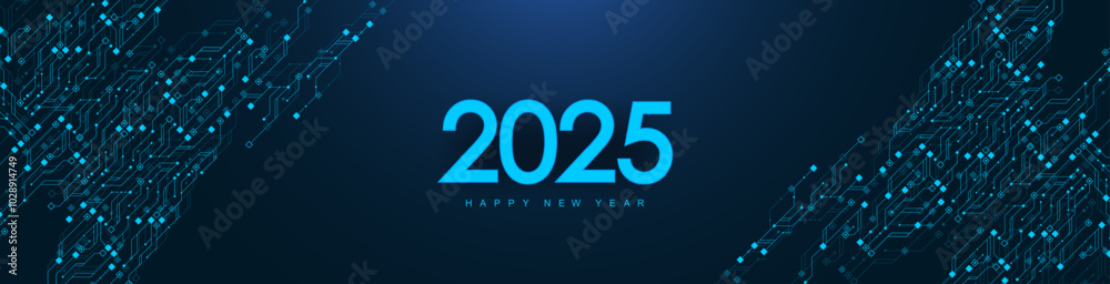 Aufkleber Digital technology abstract poster template 2025 with circuit board texture. Tech digital banner or header 2025 New year