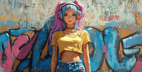 Naklejka premium Anime-style, colorful background, a cute girl with pink and blue hair wearing a yellow t-shirt and jeans, headphones on her head