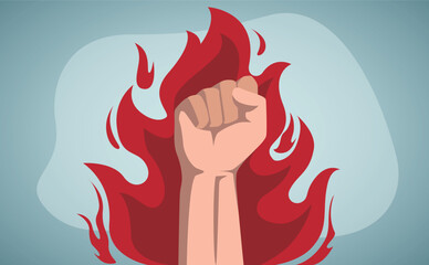 Hand Power With Fire Vector On Blue Background Illustration Design