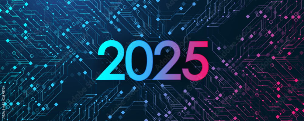 Poster Digital technology abstract poster template 2025 with circuit board texture. Tech digital banner or header 2025 New year