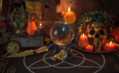 Halloween altar details, spooky wax candles in mystery atmosphere