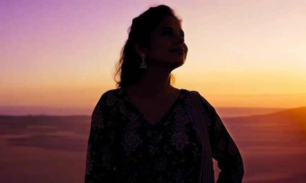 Senegalese Woman Enjoying Sunset View by Panoramic Windows