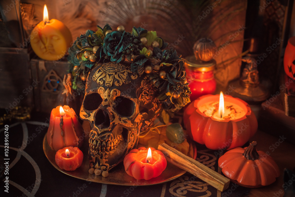 Wall mural halloween altar details, spooky wax candles in mystery atmosphere