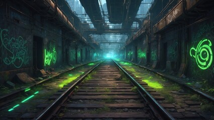 Fototapeta premium Rusted Railway Tracks with Glowing Neon Green Accents in Abandoned Underground Tunnel