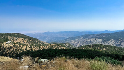 View from the top of Olympos. Troodos Mountains. Cyprus, June 2024. View from the mountains