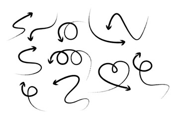 Collection hand drawn arrows. Set simple arrows isolated on white background