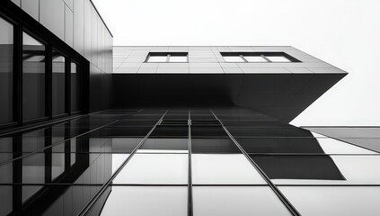 Obraz premium Black-and-white modern architecture, featuring geometric shapes, building structures and steel beams