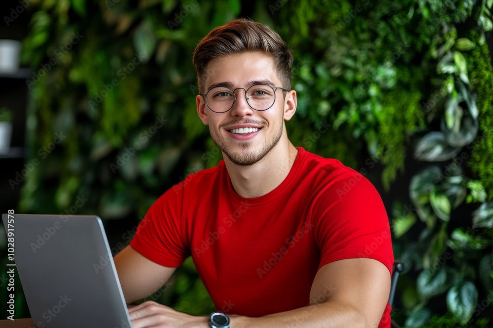Aufkleber Businessman in red shirt smiling and typing on keyboard while wearing glasses, programmer working software for software program.