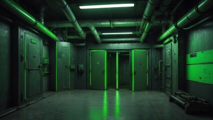 Eerie Green-Lit Bunker Interior with Glowing Neon Accents for Dystopian Atmosphere