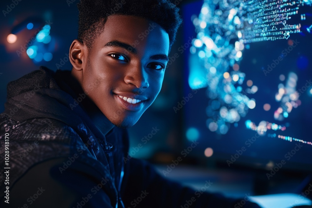 Aufkleber Work, happy and a professional programmer working on analytics, code algorithms, and research on coding, website development, and programming.