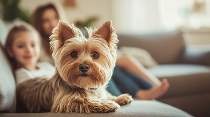 Yorkshire Terrier with a family on a couch, natural daylight brightens the room, creating a warm atmosphere,