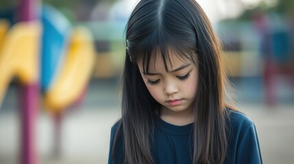Stock minimalist photograph of a sad young Asian girl standing alone in an empty playground, looking down at the ground, with softly blurred equipment in the background