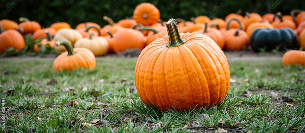 Poster single pumpkin rests a field grass