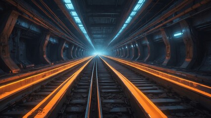 Fototapeta premium High-Speed Railway Tracks in Neon Yellow Illuminating Futuristic Transportation Tunnel