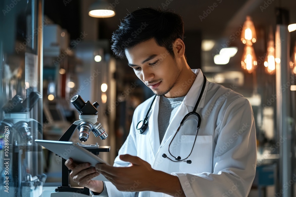Aufkleber in this scene, a scientist stands with a tablet, analyzing data, and reading microscope results. a d