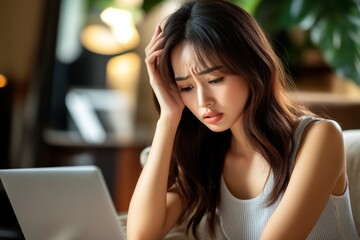 Fototapeta premium A young mixed woman sits at home on the couch with a laptop