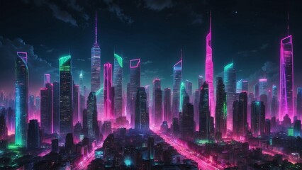 Obraz premium Dazzling Neon-Illuminated Metropolis Skyline Radiating Electric Blue and Pink Hues Against Night Sky