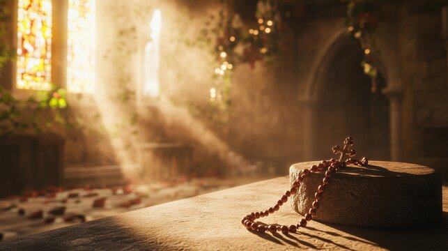 An empty scene featuring an antique rosary draped over a simple altar stone, softly lit by morning light filtering through stained glass windows,