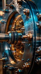 Fototapeta premium The image displays a detailed machine part resembling a safe door mechanism, surrounded by nuts, bolts, and wheels.