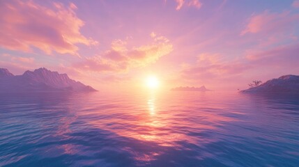 Obraz premium A serene sunset over a calm ocean with pink and orange clouds reflected in the water.