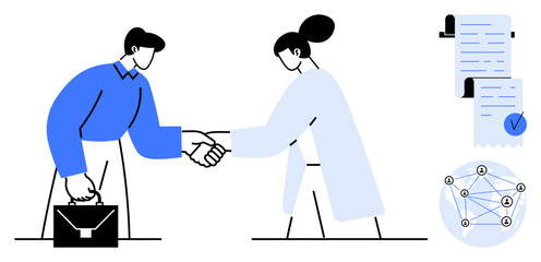 Business professionals shaking hands with documents and a network diagram. Ideal for business, partnership, agreement, contract, and networking themes. Simple modern style