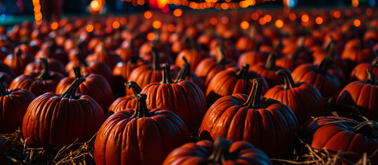 Fototapeta premium close- pumpkins illuminated by warm lights