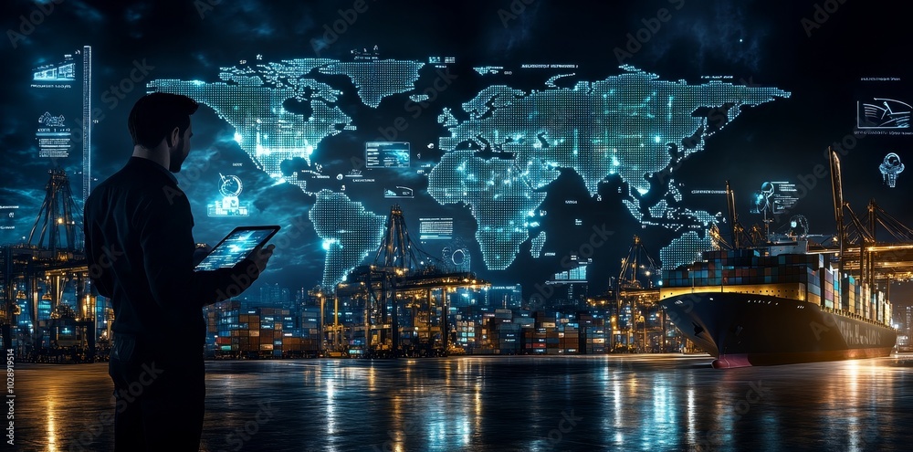 Poster to improve the economy, businessmen monitor logistics networks using stock technology to manage loca