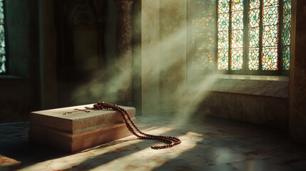 An empty scene featuring an antique rosary draped over a simple altar stone, softly lit by morning light filtering through stained glass windows,