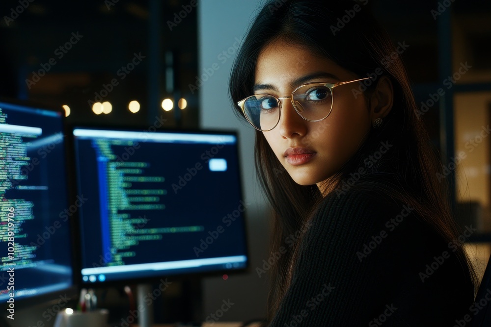 Poster Software engineer working on a laptop with blurred lines of code on the screen. Stock photography.