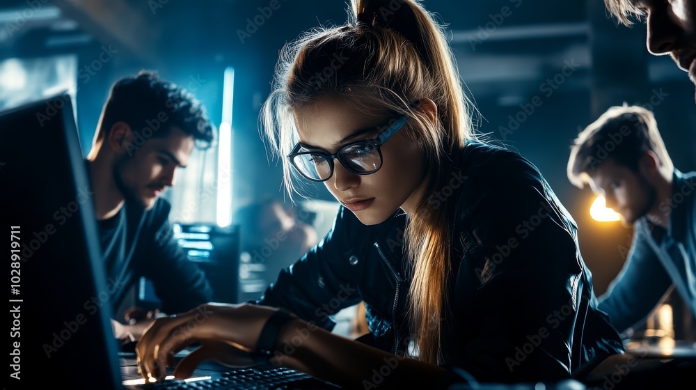 Poster Stock image of a software engineer working with a design team.