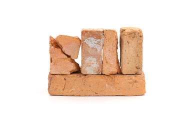 Solid clay bricks used for construction,Old red brick isolated on white background. Shattered bricks isolated.