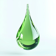 A close-up shot of a solitary, glistening green liquid droplet floating against a white backdrop.