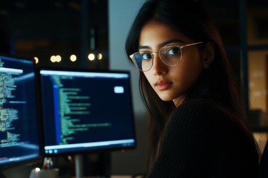 Software engineer working on a laptop with blurred lines of code on the screen. Stock photography.