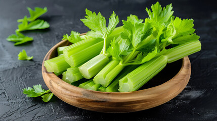 Chopped celery in wooden bowl on a black background