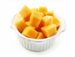 White bowl filled with diced mangos fruit, on a white background.