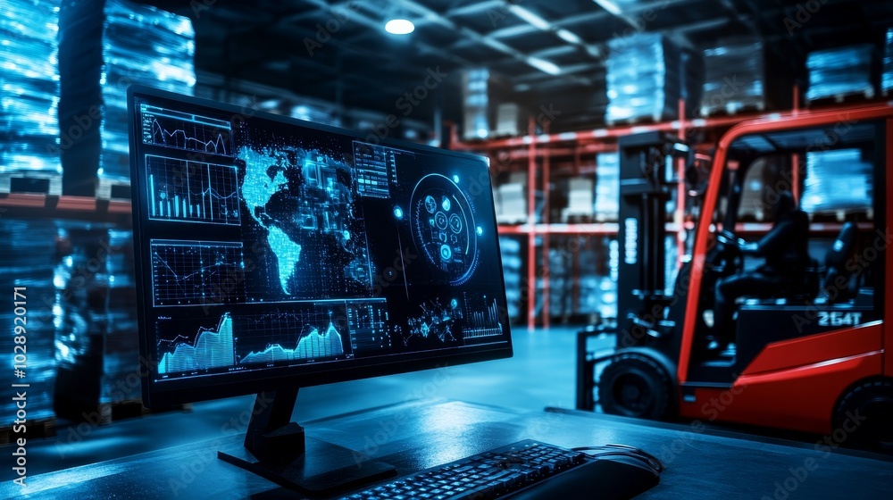 Fototapete the warehouse management innovation is highlighted by an advanced logistic software interface as wel