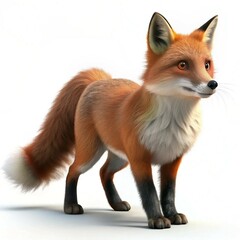 Obraz premium Red fox standing peacefully on a white surface with a fluffy tail and black paws against a plain background