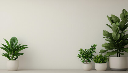 Fototapeta premium Indoor plants in pots on a neutral background, enhancing home decor.