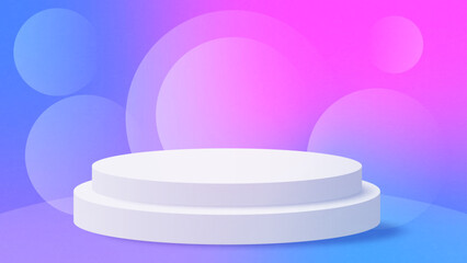 Purple and pink bokeh circles background. Realistic white cylinder pedestal podium. vector rendering geometric forms design. minimal scene. production stage showcase, mockup product display.