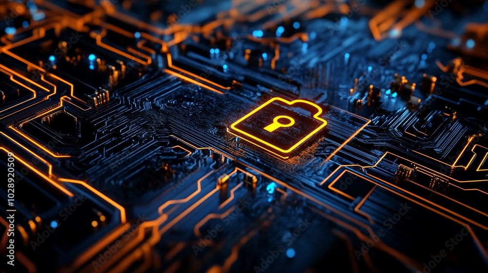 Poster Symbol of web security with privacy protection banner on circuit board software