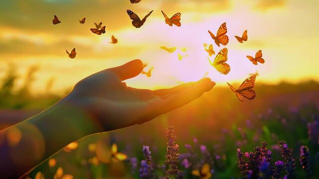 Gentle hand releasing butterflies at sunset in a vibrant wildflower field.