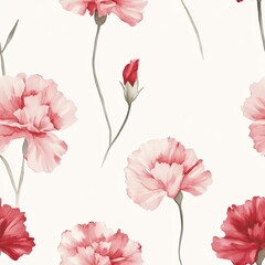 Watercolor of Soft Pink and Red Carnations Seamless Pattern Design