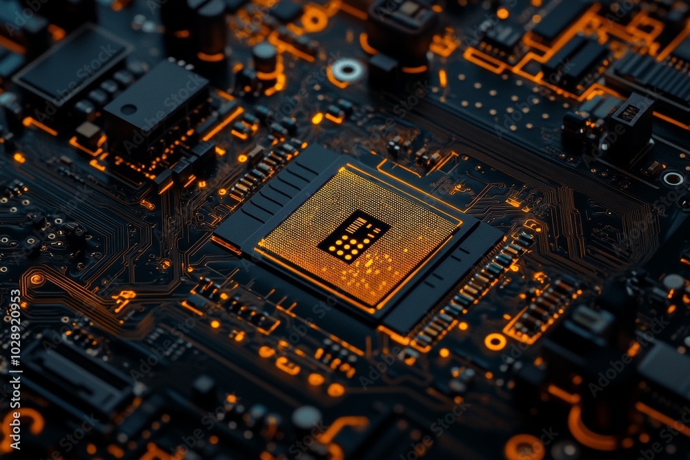 Poster a closeup of the central processing unit (cpu) from the motherboard, a macro shot of the microproces
