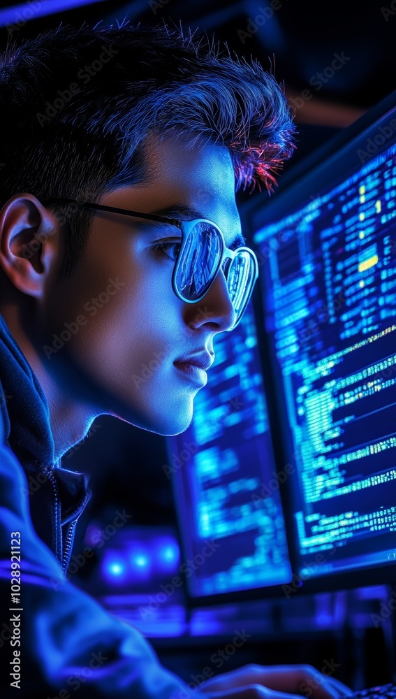 Poster Continually focused programmer using multiple computers in dark office. Conceptual image of a programmer working on multiple screens.