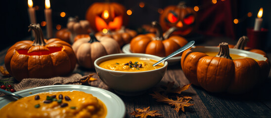 bowl creamy soup surrounded by pumpkins candles creates a cozy autumn scene
